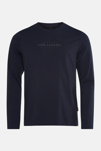 Blauwe T-shirt met lange mouwen van PME Legend, met toon-op-toon logo en opschrift 'American Classic'.