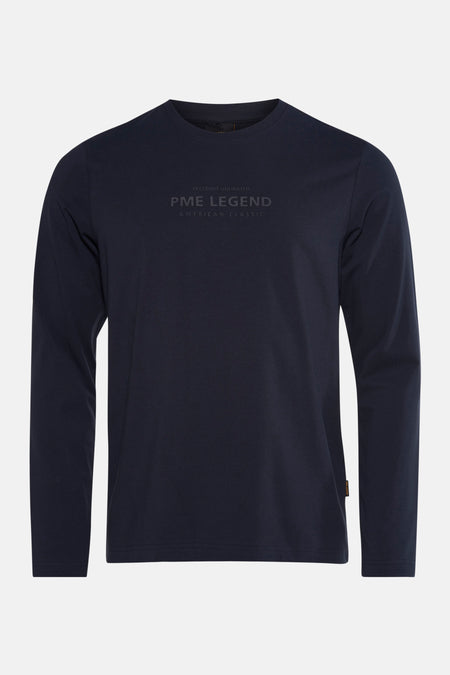 Blauwe T-shirt met lange mouwen van PME Legend, met toon-op-toon logo en opschrift 'American Classic'.