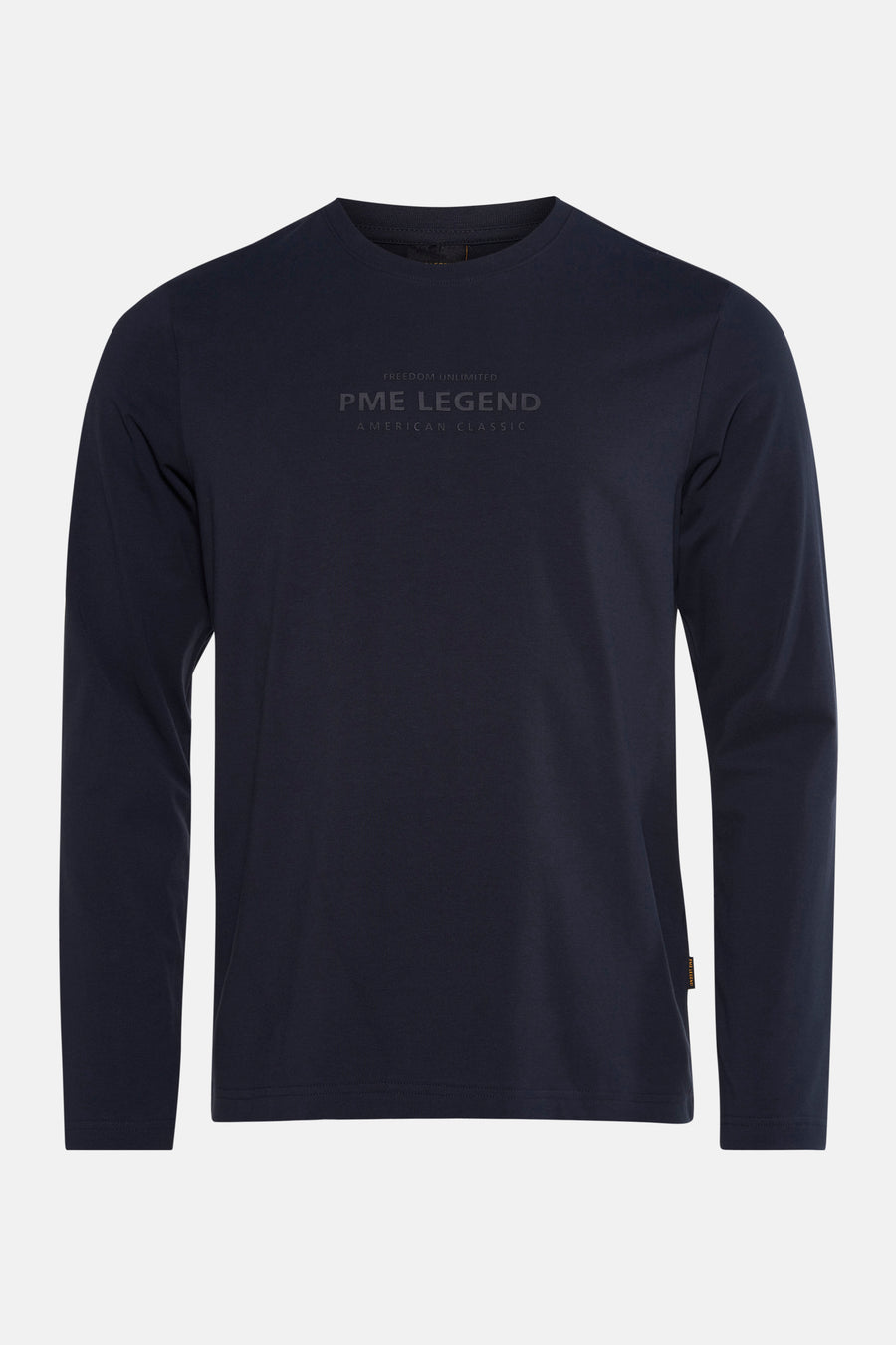 Blauwe T-shirt met lange mouwen van PME Legend, met toon-op-toon logo en opschrift 'American Classic'.