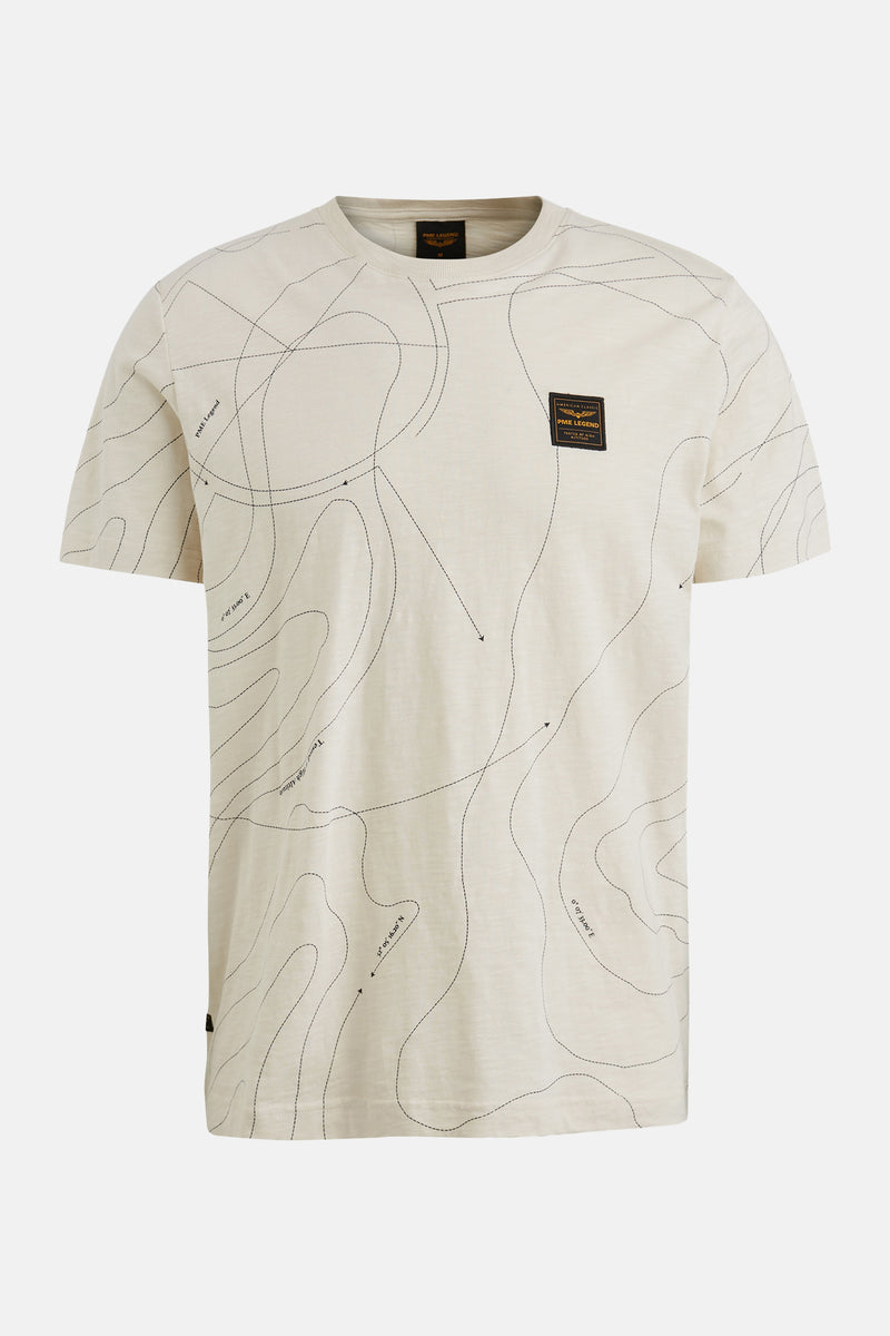 Beige T-shirt met korte mouwen van PME Legend met een all-over zwarte topografische kaartprint.