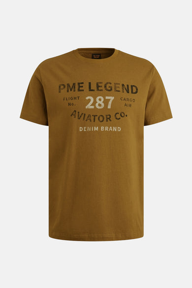 T-shirt à manches courtes ocre de PME Legend, avec un imprimé graphique sur le devant.