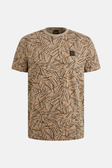 T-shirt beige à manches courtes de PME Legend, motif graphique à rayures noires et marron.
