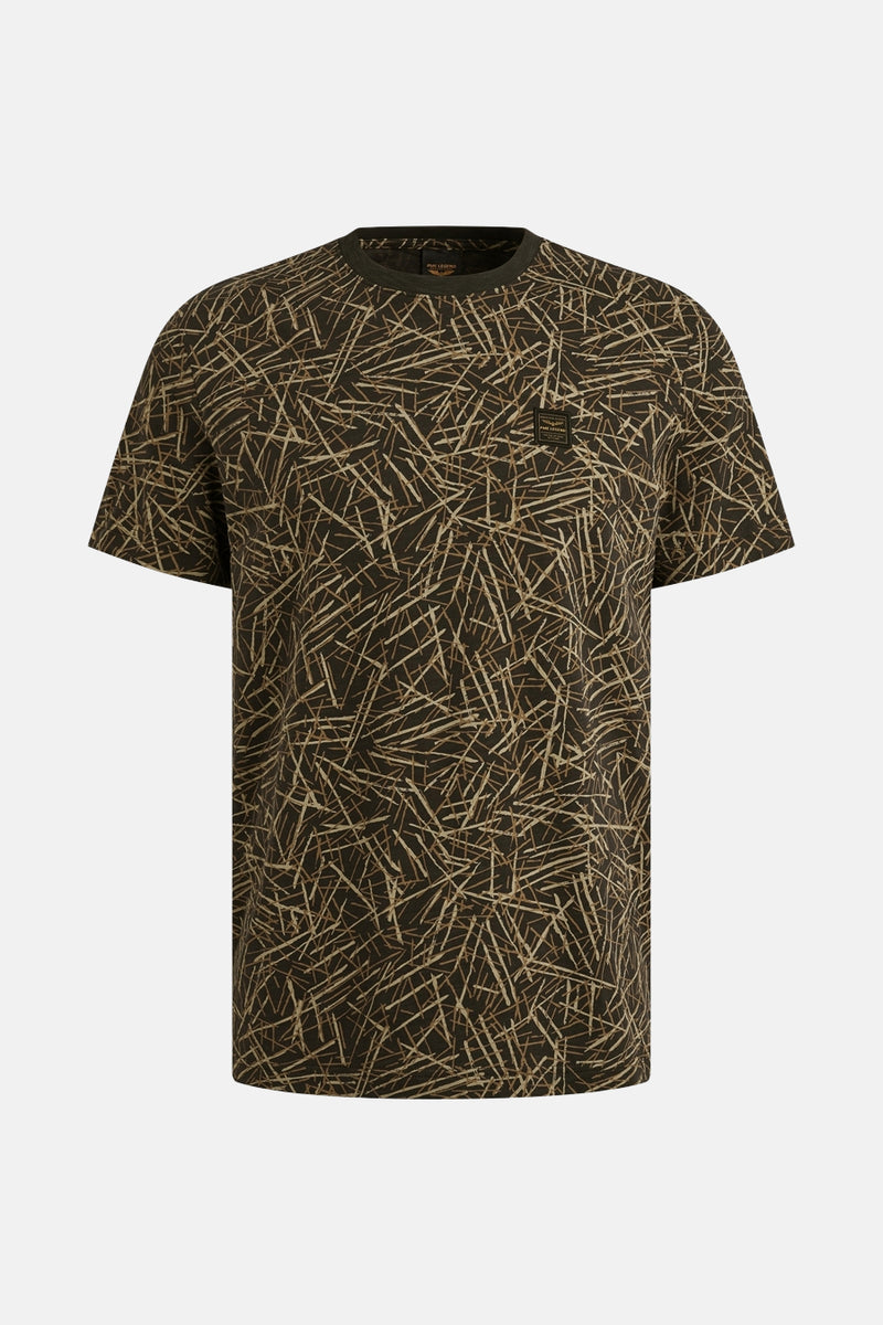 T-shirt à manches courtes marron de PME Legend avec un motif rayé abstrait.