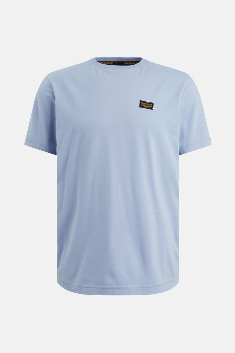 T-shirt bleu à manches courtes de PME Legend, avec un petit logo carré sur la poitrine.