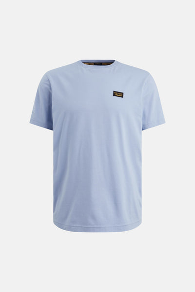 T-shirt bleu à manches courtes de PME Legend, avec un patch logo sur la poitrine.