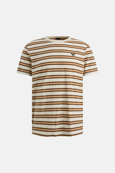 Multikleur gestreept T-shirt, van PME LEGEND, met horizontale bruine en beige strepen, achterzijde.