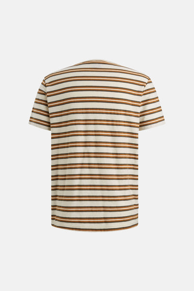 T-shirt multicolore à rayures, de PME LEGEND, avec des rayures horizontales marron et beige, vue de dos.