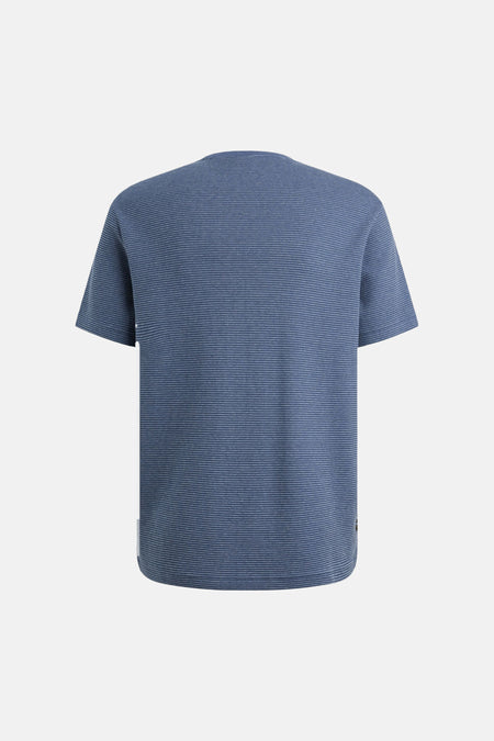 T-shirt bleu à rayures, par PME Legend, avec une texture côtelée et des manches courtes, vue de dos.
