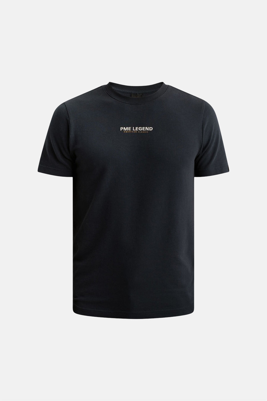 Navy blue short-sleeve t-shirt by PME LEGEND with small white logo on chest, ribbed texture, crew neck, front view