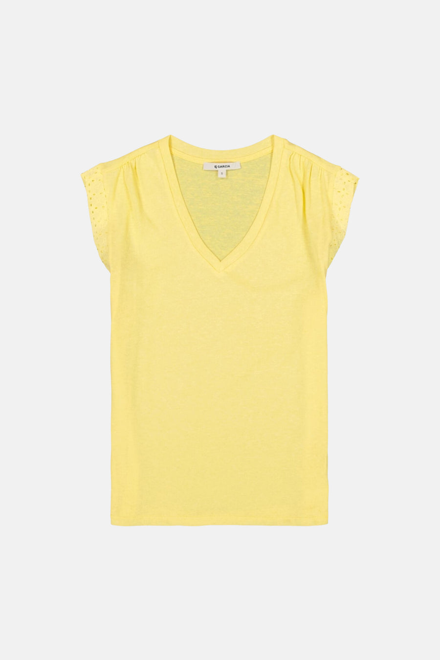 Top jaune de GARCIA à col en V avec manches courtes et détails ajourés.