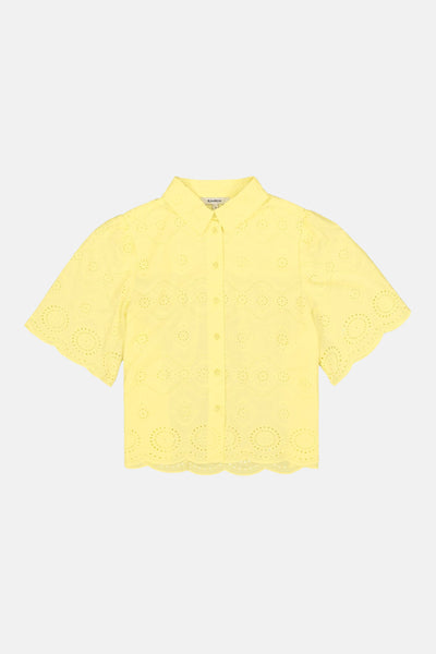 GARCIA gele blouse met korte mouwen, ajourpatroon en festonrandjes.