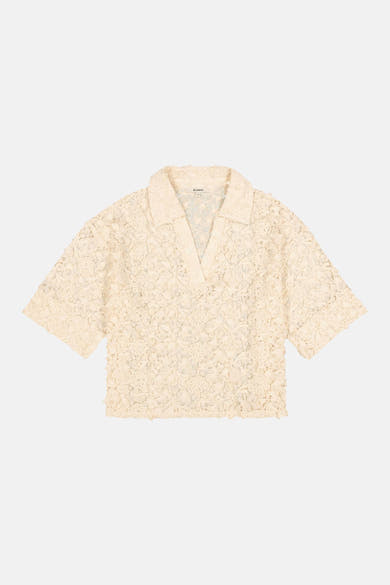 Chemise à manches courtes beige de GARCIA en dentelle florale avec col ouvert et décolleté en V.