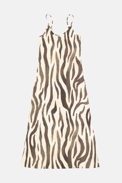 Lange veelkleurige jurk met zebraprint van GARCIA, met dunne bandjes.