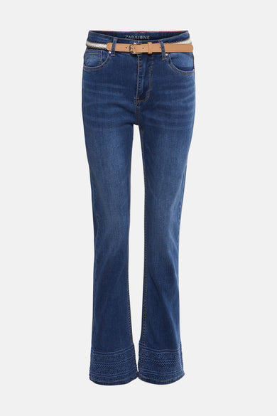 Zabaione middellange blauwe rechte jeans met achterzak versierd met stikselpatronen.