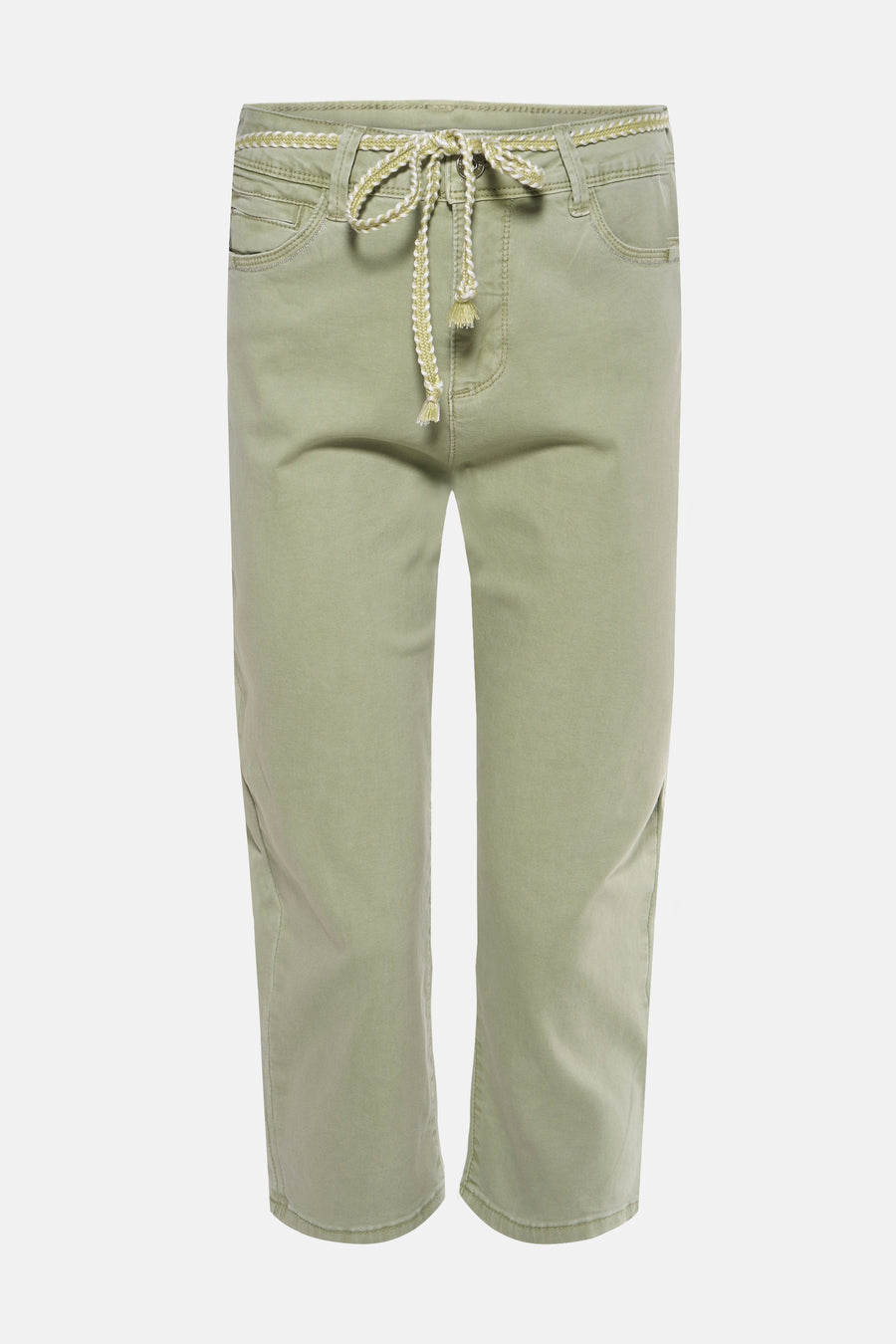 Pantalon vert de ZABAIONE avec une ceinture tressée décorative et une coupe cropped.