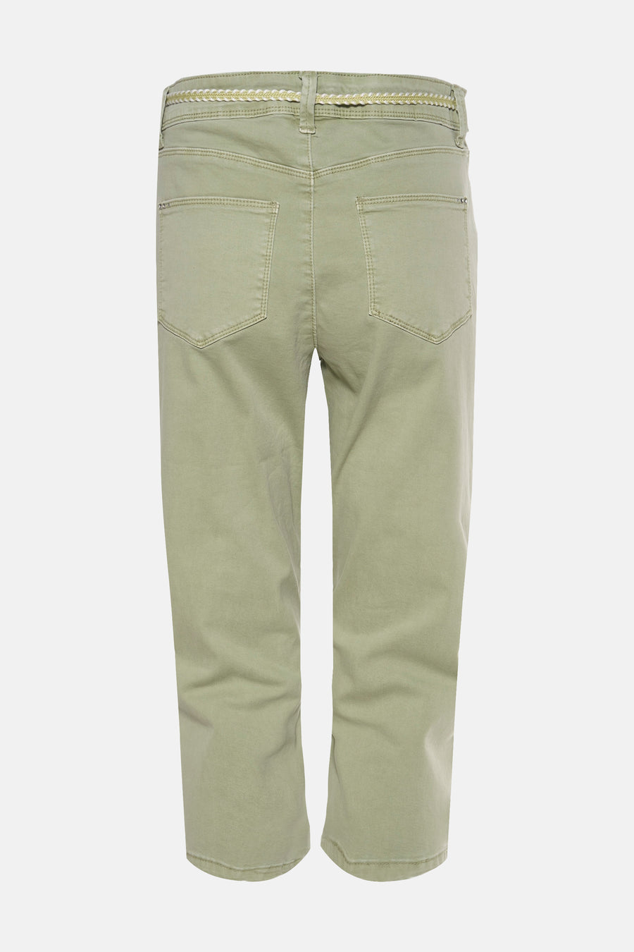 Pantalon vert de ZABAIONE avec une ceinture tressée autour de la taille, vue de dos.
