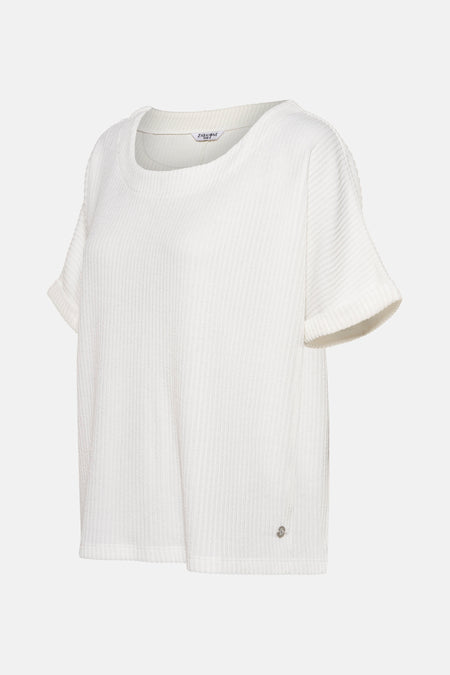 Wit blouse met korte mouwen van ZABAIONE, in geribbelde stof met een klein discreet metalen logo.