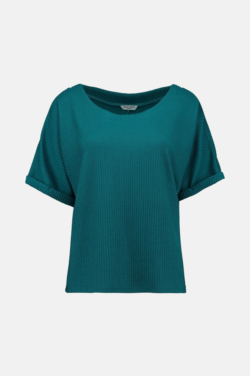 Blauwe blouse met korte mouwen, van Zabaione, in geribbelde stof met omgeslagen mouwen.