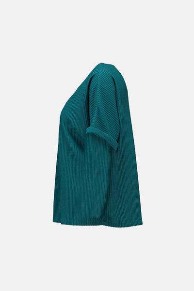 Blauwe blouse met korte mouwen van ZABAIONE, in geribbelde tricot, met omgeslagen zoom.