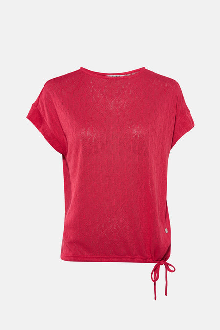 Roze T-shirt met korte mouwen van Zabaione, met een ajourpatroon en een trekkoord.
