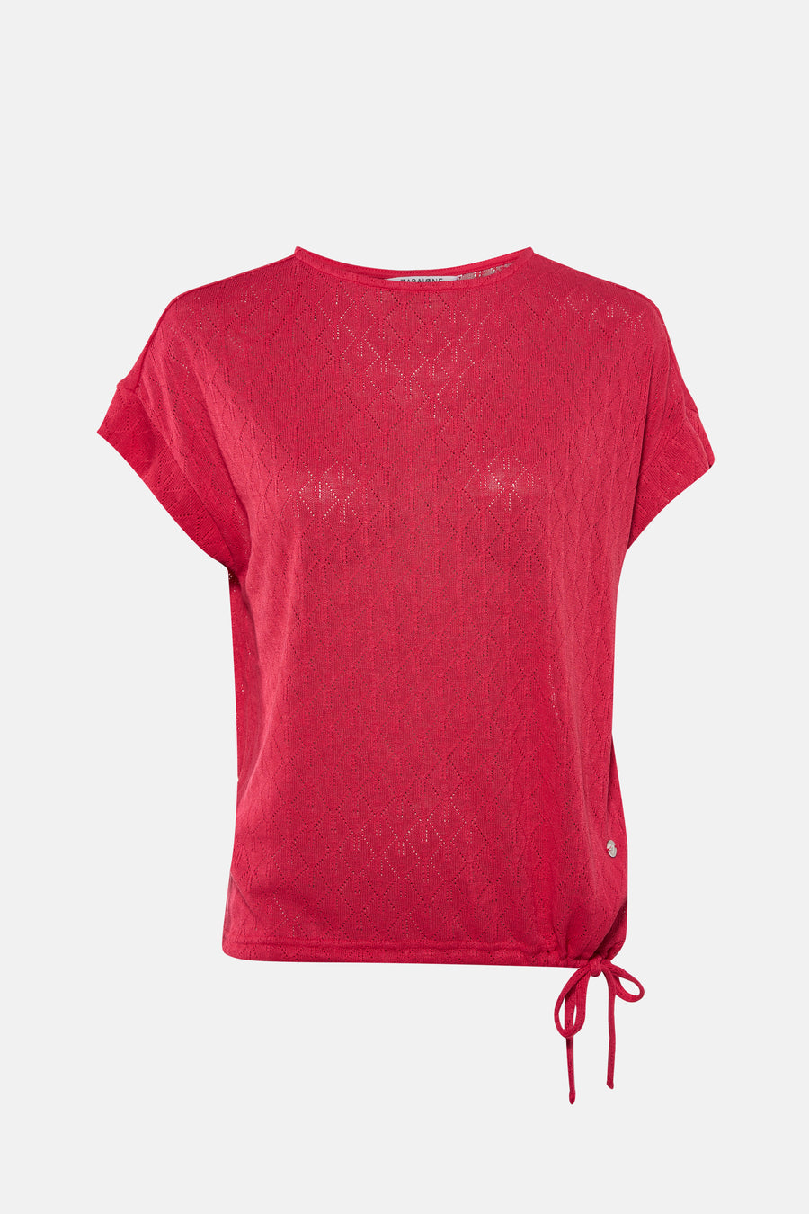 Roze T-shirt met korte mouwen van Zabaione, met een ajourpatroon en een trekkoord.
