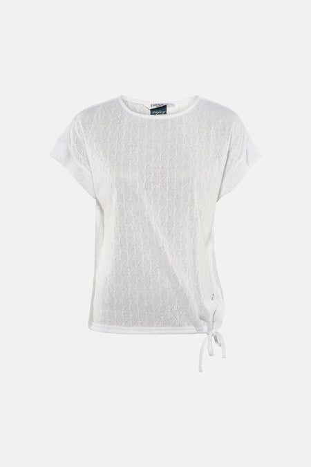 Wit T-shirt met korte mouwen van Zabaione, in open gebreide stof met een strikdetail aan de zijkant.