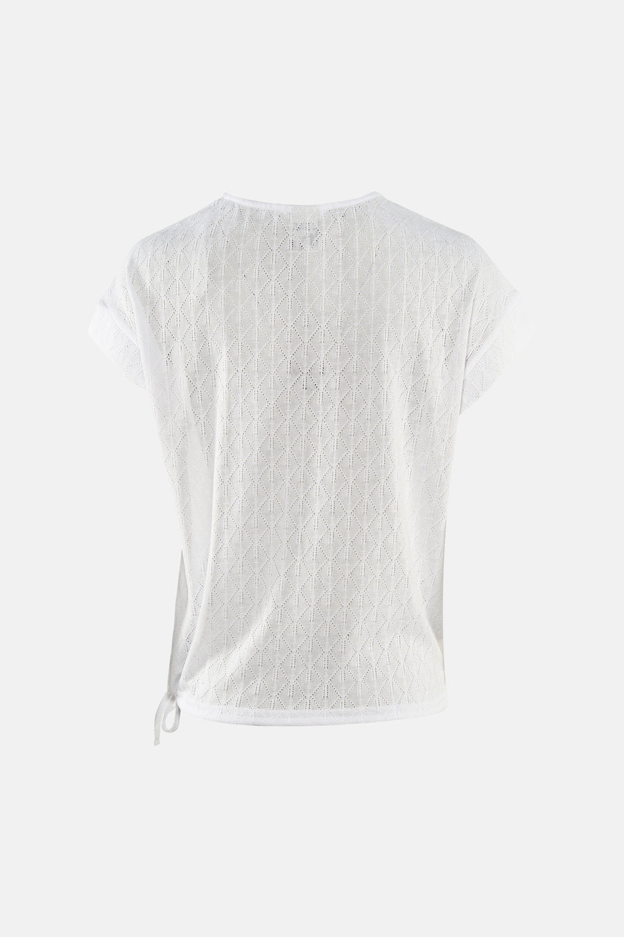 Wit T-shirt met korte mouwen van Zabaione, in opengebreide stof met ruitpatroon, met strikdetail aan de zijkant.