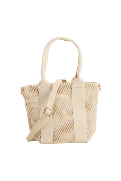 Beige schoudertas van mesh van Access®, met handvatten, verstelbare schouderriem en gouden details.