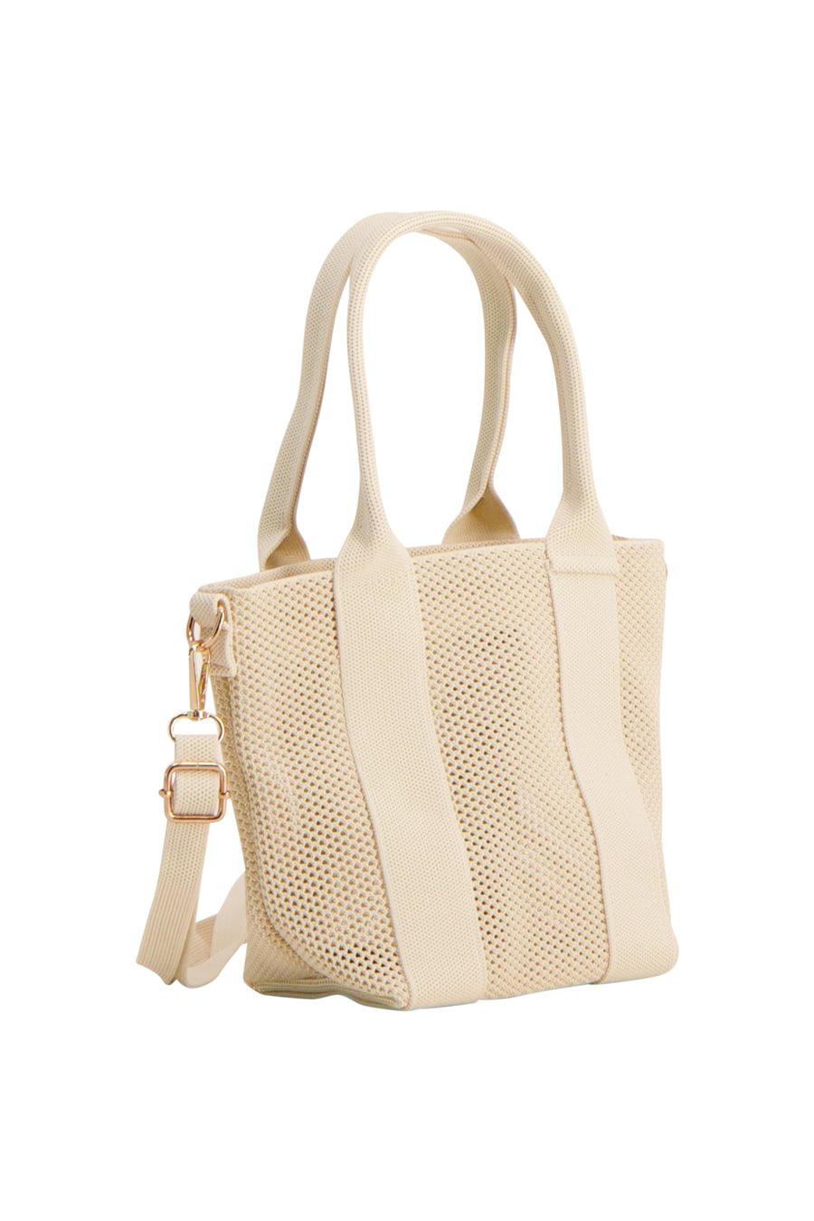 Beige schoudertas van Access® in gebreid mesh met handvatten, verstelbare schouderriem en gouden details.