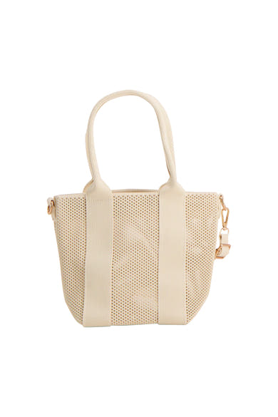 Beige schoudertas van Access®, in gevlochten mesh met dubbele handgreep en gouden details.