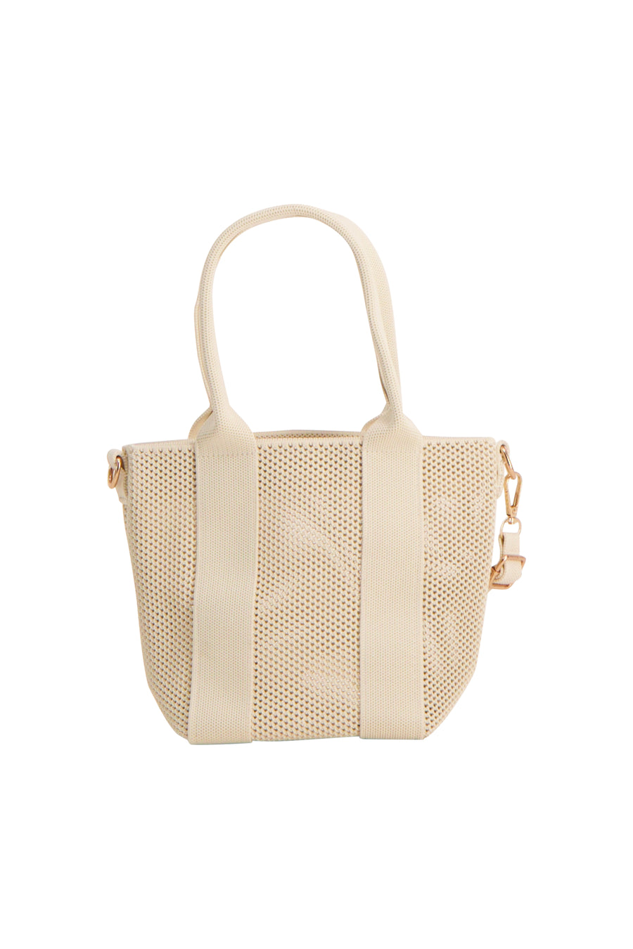 Beige schoudertas van Access®, in gevlochten mesh met dubbele handgreep en gouden details.