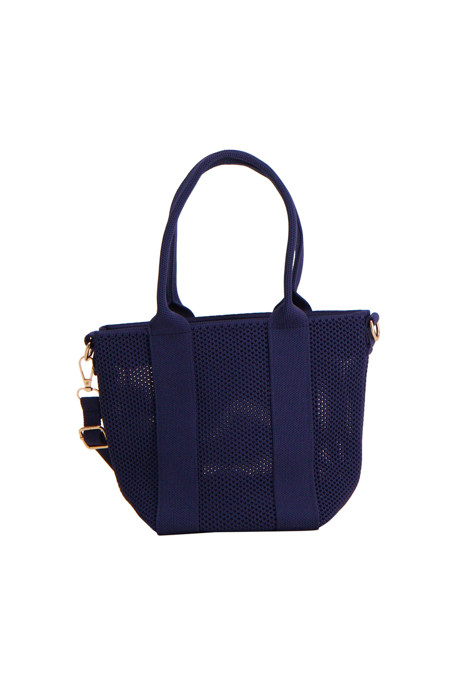 Marineblauwe mesh schoudertas van Access® met twee handvatten en verstelbare riem met goudkleurige beslag.