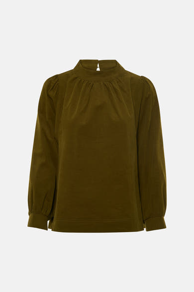 Blouse à manches longues en velours olive par SENSO, col montant avec plis et poignets élastiqués, vue de face