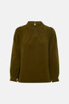 Blouse à manches longues en velours olive par SENSO, col montant avec plis et poignets élastiqués, vue de face