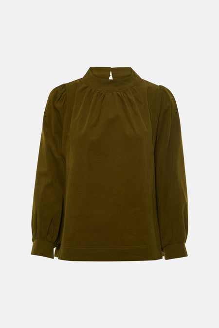Blouse à manches longues en velours olive par SENSO, col montant avec plis et poignets élastiqués, vue de face
