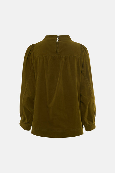 Blouse à manches longues en velours olive par SENSO, vue arrière avec détails plissés aux épaules et boutons au col