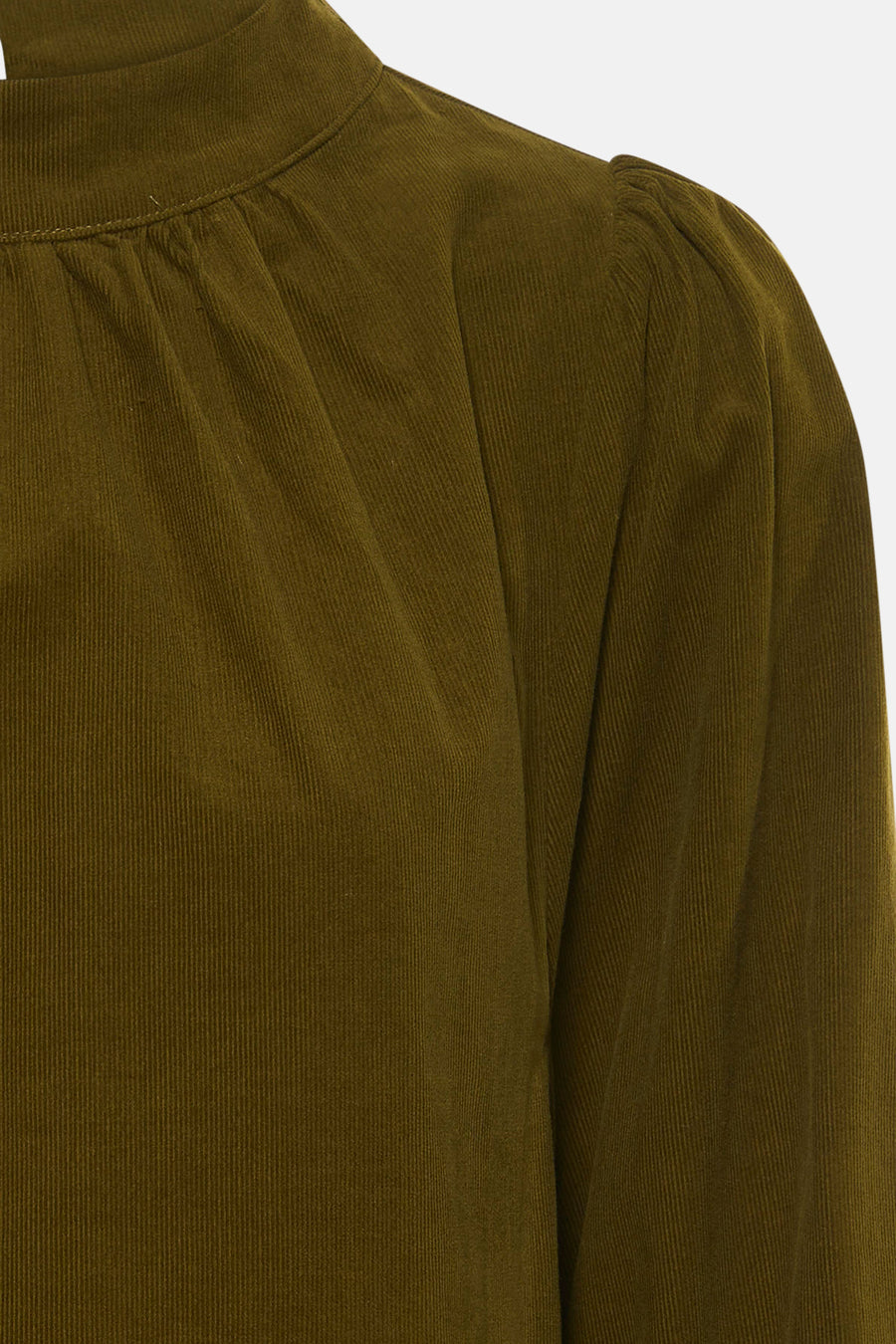 Blouse à manches longues olive en velours côtelé par SENSO, col montant et détails plissés, vue rapprochée