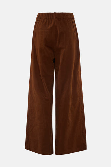 Pantalon large en velours cognac par SENSO, vue arrière, poches discrètes, taille élastiquée