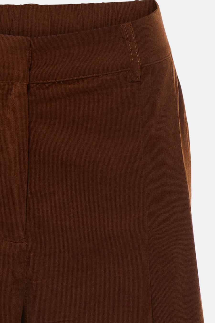 Pantalon cognac en velours côtelé, de SENSO, vue rapprochée du devant avec ceinture élastique et poches discrètes