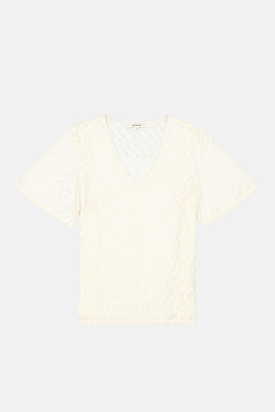 Ecru short-sleeve top with wavy textured pattern by Garcia, V-neck design, front view