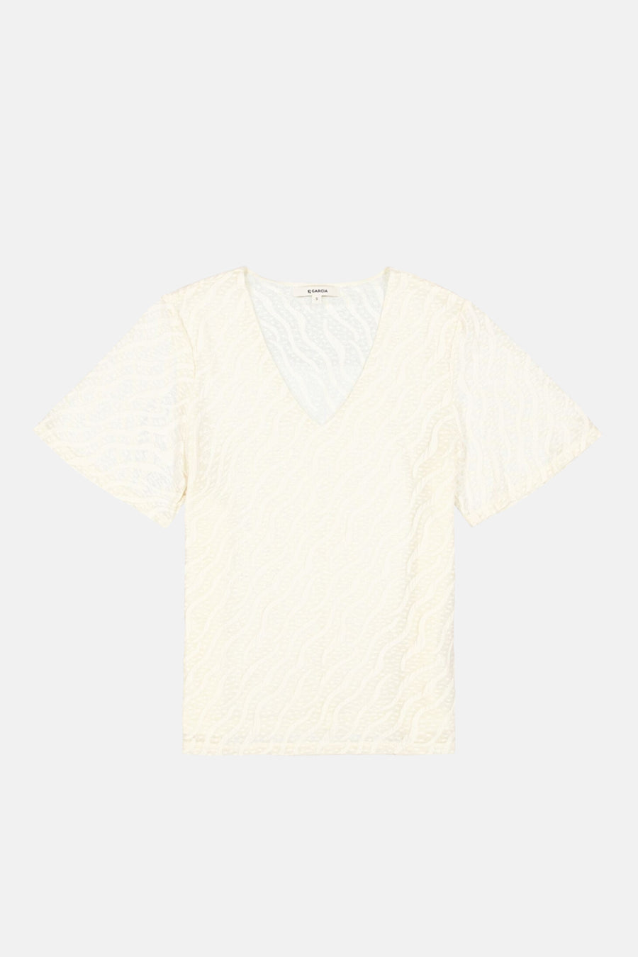 Ecru short-sleeve top with wavy textured pattern by Garcia, V-neck design, front view