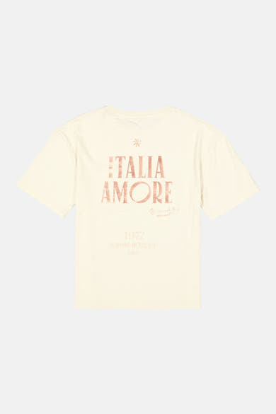 Ecru short-sleeve t-shirt with Italia Amore graphic print, back view, soft cotton texture