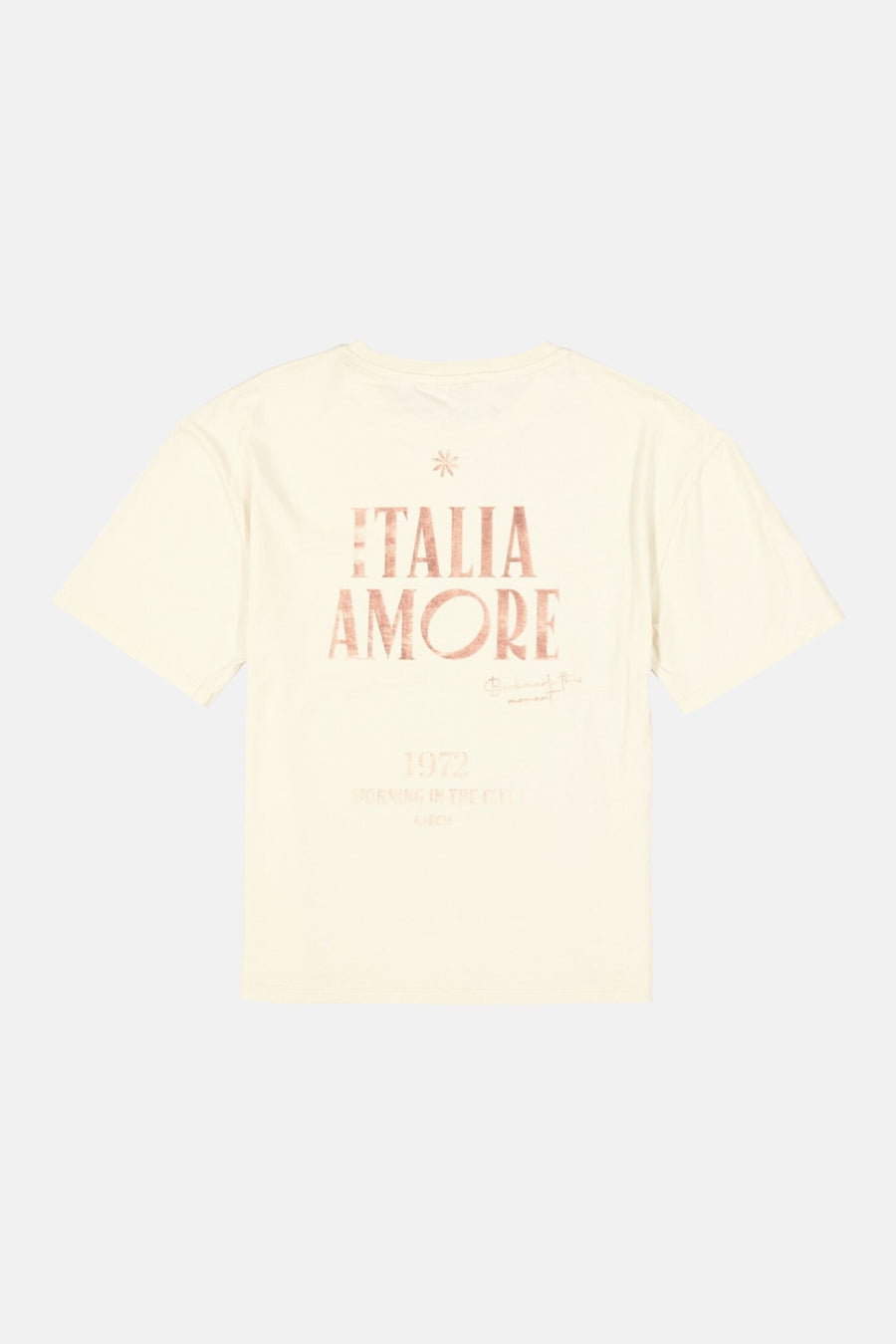 Ecru short-sleeve t-shirt with Italia Amore graphic print, back view, soft cotton texture