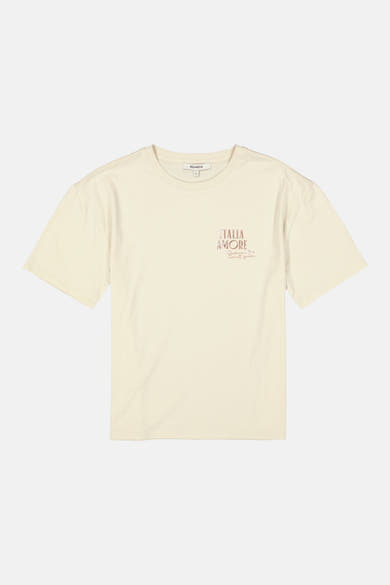 Ecru short-sleeve t-shirt by Garcia with small chest print, round neck, and soft cotton texture, front view