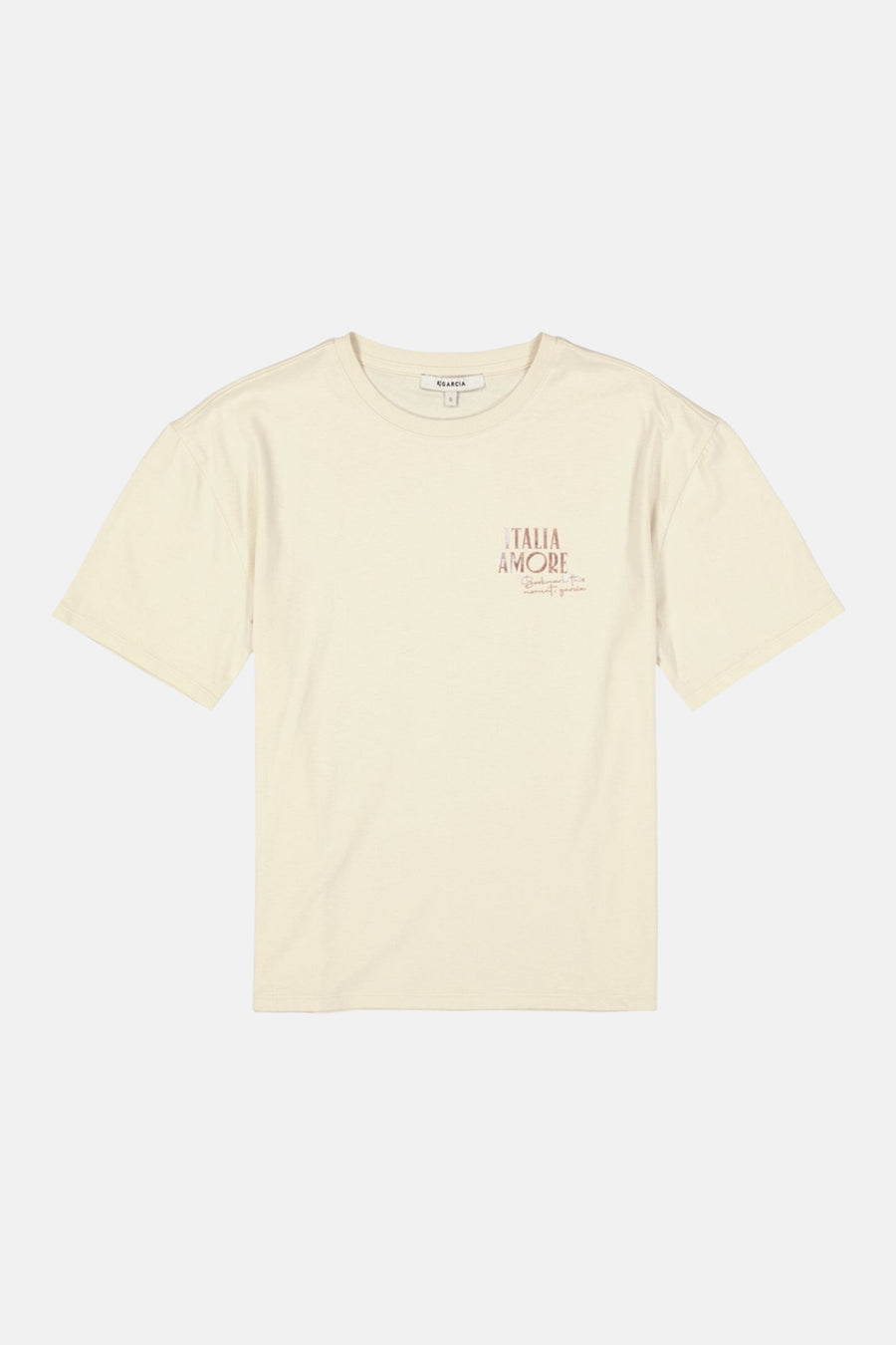 Ecru short-sleeve t-shirt by Garcia with small chest print, round neck, and soft cotton texture, front view