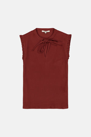 Terracotta ribbed sleeveless blouse by Garcia with front tie and ruffled armholes, front view
