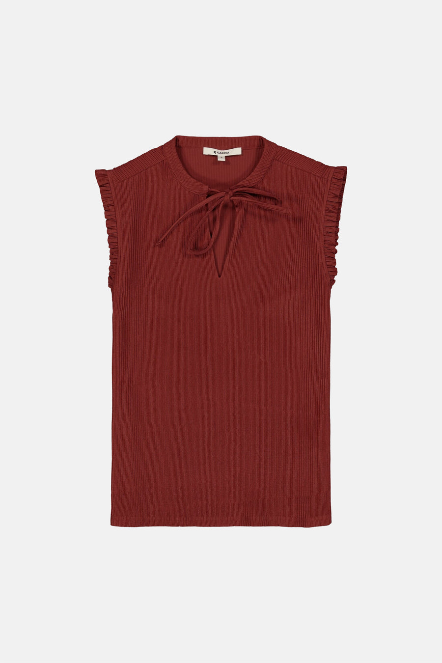 Terracotta ribbed sleeveless blouse by Garcia with front tie and ruffled armholes, front view