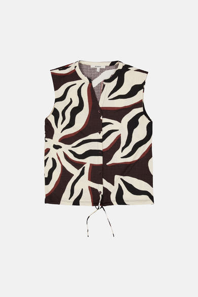 Multicolored sleeveless blouse with bold leaf pattern by N. Garcia, featuring front buttons and drawstring hem, flat lay view