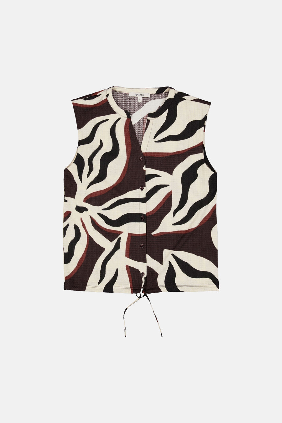 Multicolored sleeveless blouse with bold leaf pattern by N. Garcia, featuring front buttons and drawstring hem, flat lay view