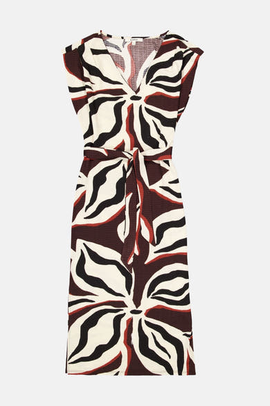 Multicolored sleeveless wrap dress by K. Garcia with bold leaf pattern, textured fabric, and front tie detail, shown in front view